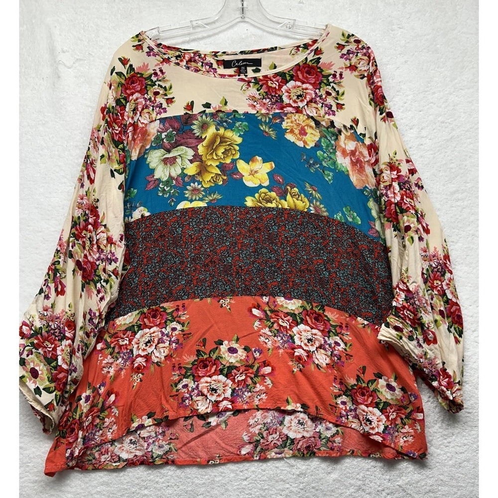 Calessa Womens Size 2X Beige Floral 3/4 Roll Tab Sleeve Blouse Top (K1)